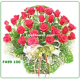 100 Stalks ( Or 99  Stalks ) of Red Roses with greenery & peacock Arrangement in a Basket.