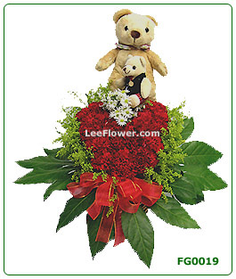 FG0019   |||||||    Red Carnation and Teddy Bear Arrangement in a Heart Shape. Available for Delivery  within Kuala Lumpur and Petaling Jaya ONLY *