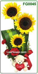 ( FG0045 )  3 Stalks of Sunflowers and 3 Stalks of Pink Carnation with One Mini Bear.