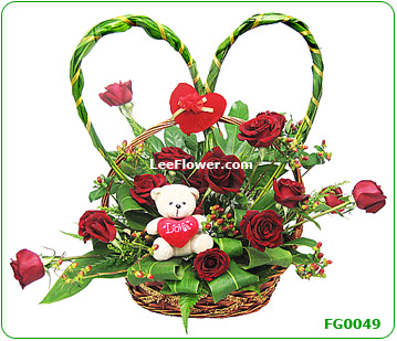 ( FG0049 )  12 Stalks of Roses and 1 Mini Teddy Bear. Arrangement in a Basket.