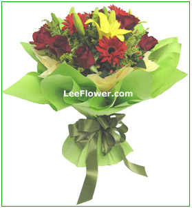 ( HB0039 )  Prestige  ~  Carnations, Roses, Gerberas with yellow peacock for Hand Bouquet.