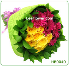 ( HB0040 V )  Misty Fresh.  12 Stalks of Yellow Roses and 10 Stalks of Red Gerberas with greenery leave for Hand Bouquet.