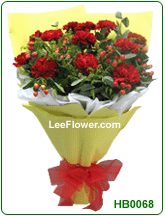 ( HB0068 )  12 Stalks of Red Carnation with yellow peacock special wrapping with crepe paper for hand bouquet.