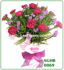 ( SGHB 0069 )  12 Stalks of Red Carnation with yellow peacock for hand bouquet. Flowers and Gifts Delivery Service to Singapore.