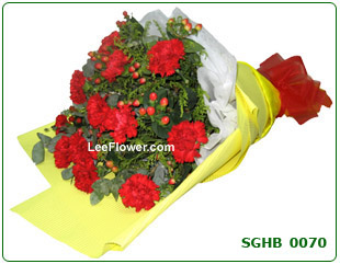 ( SGHB 0070 )  12 Stalks of Red Carnation with yellow peacock for hand bouquet. Flower Delivery Service to Singapore.
