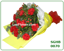 Mother's Love. ( SGHB 0070 )   12 Stalks of Red Carnation with yellow peacock & greenery for hand bouquet..