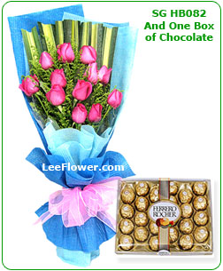 ( SGHB082 and 1 Box of Chocolate ) ~ Hand Bouquet with 12 Stalks of Pink Roses. Flower Delivery Service to Singapore.