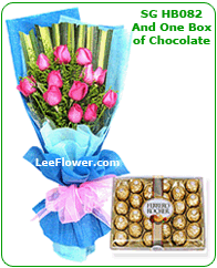 Click to BUY   ( SGHB082 and Chocolate )  12 Stalks of Pink Roses with statice wrapped in elegant wrapper for Hand Bouquet with one box of Ferrero Rocher Chocolate. Flower Delivery Service to Singapore.
