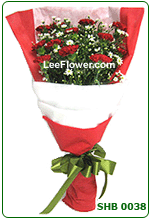 Greatest Love  ( SHB 0038 )  12 Stalks of Red Carnation 
with peacock wrap with 2 layer paper for hand bouquet.