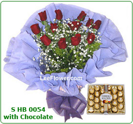 ( SHB 0054 And Chocolates )  Hand Bouquet with 12 Stalks of Red Roses and One Box of Chocolate. - Flower Delivery Service to Singapore.