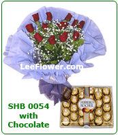 Click to BUY ( SHB 0054 And Chocolates )  Hand Bouquet with 12 Stalks of Red Roses and One Box of Chocolate. - Flower Delivery Service to Singapore