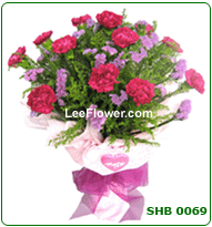 Thank you Mom. ( SHB0069 ) 12 Stalks of Red Carnation with yellow peacock. Special design wrapping for hand bouquet