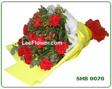 Mother's Love. ( SHB0070 )   12 Stalks of Red Carnation with yellow peacock & greenery for hand bouquet..