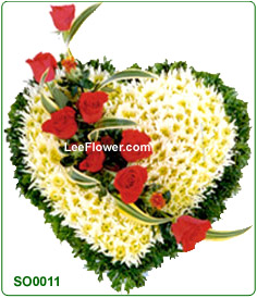 ( SO 0011 ) Decorated full heart shaped of white pompom with 10 Stalks Red Roses in a crescent form..