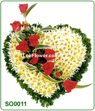 ( SO 0011 ) Decorated full heart shaped of white pompom with 10 Stalks Red Roses in a crescent form..