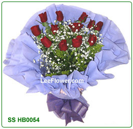 SSHB0054   ( Roses Bouquet )   ( 12 Stalks of red roses with statice wrapped in elegant wrapper - Hand Bouquet. ) Flower Delivery Service to Sabah and Sarawak Only )