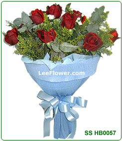 SSHB0057   ( Roses Bouquet )   ( 12 Stalks of red roses with statice wrapped in elegant wrapper - Hand Bouquet. ) Flower Delivery Service to Sabah and Sarawak Only )