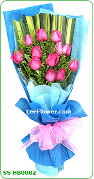 SSHB0082   ( Roses Bouquet )   ( 12 Stalks of  Pink Roses with statice wrapped in elegant wrapper - Hand Bouquet. ) Flower Delivery Service to Sabah and Sarawak Only )